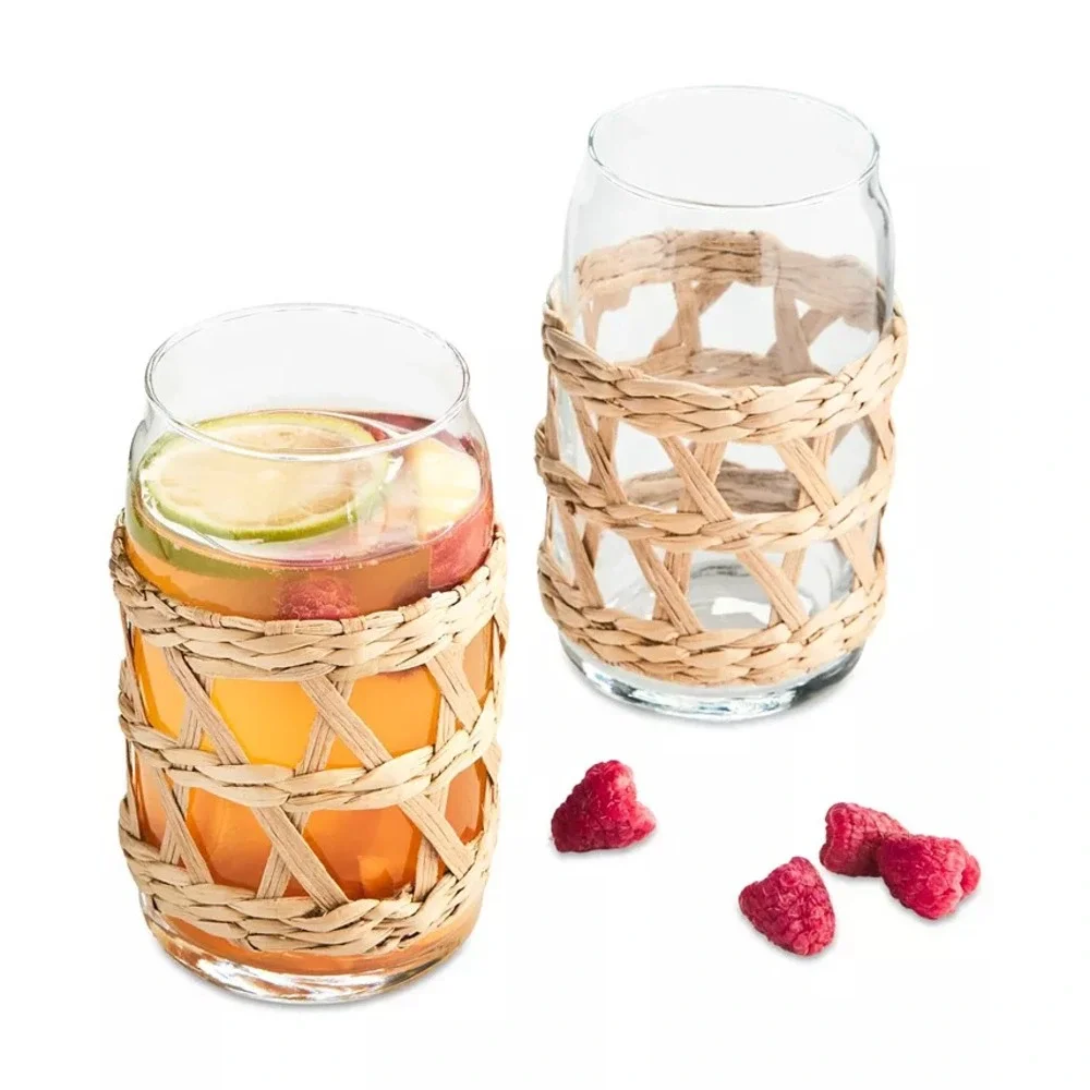 Set of 6 The Cellar Rattan & Glass Tumblers 16.2 oz Each w/ Removable Rattan NEW